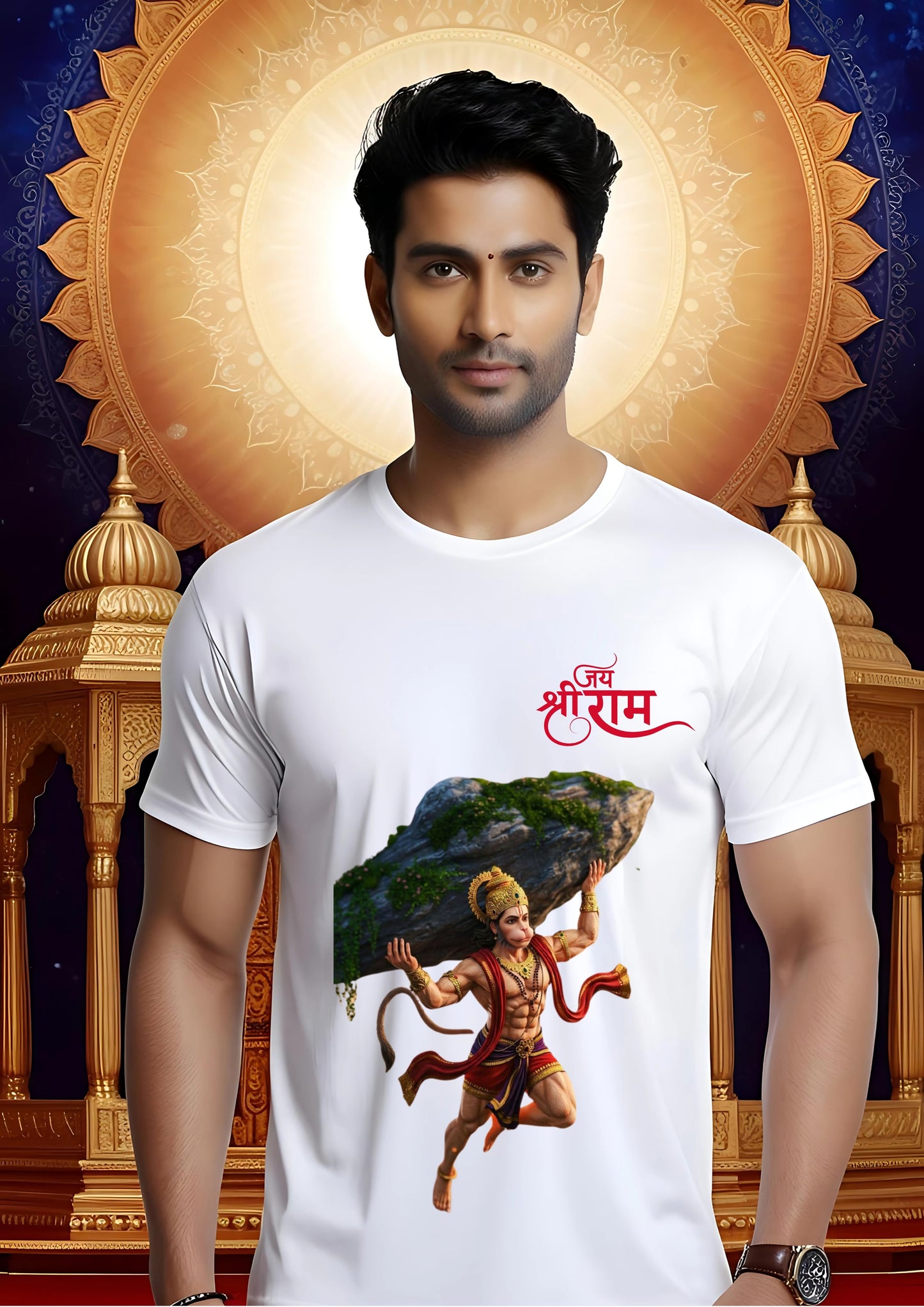 Hanuman with Sanjeevani Parvat Tee – White (Polyester)