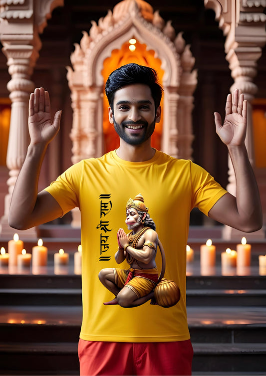 Folded Hands Hanuman with Jai Shri Ram Vertical Script Tee