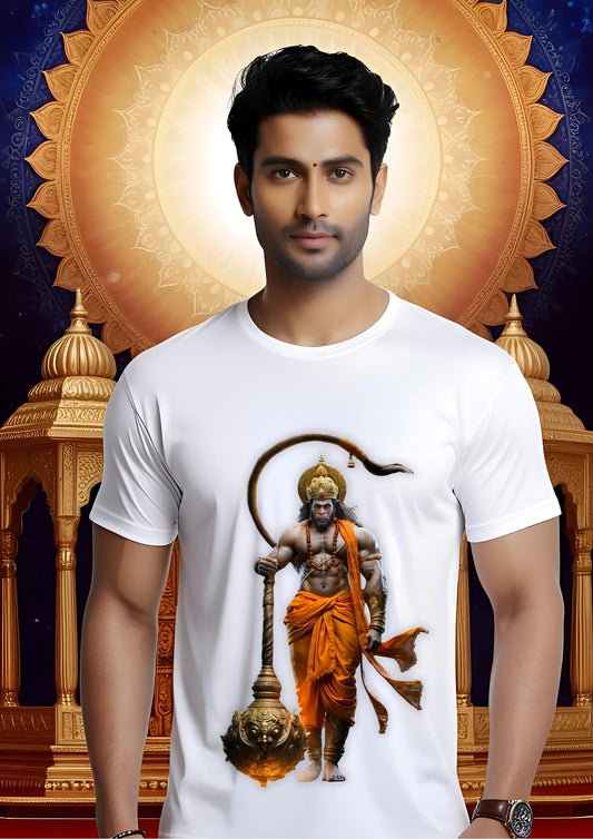 Warrior Hanuman with Gada Tee – White (Polyester)