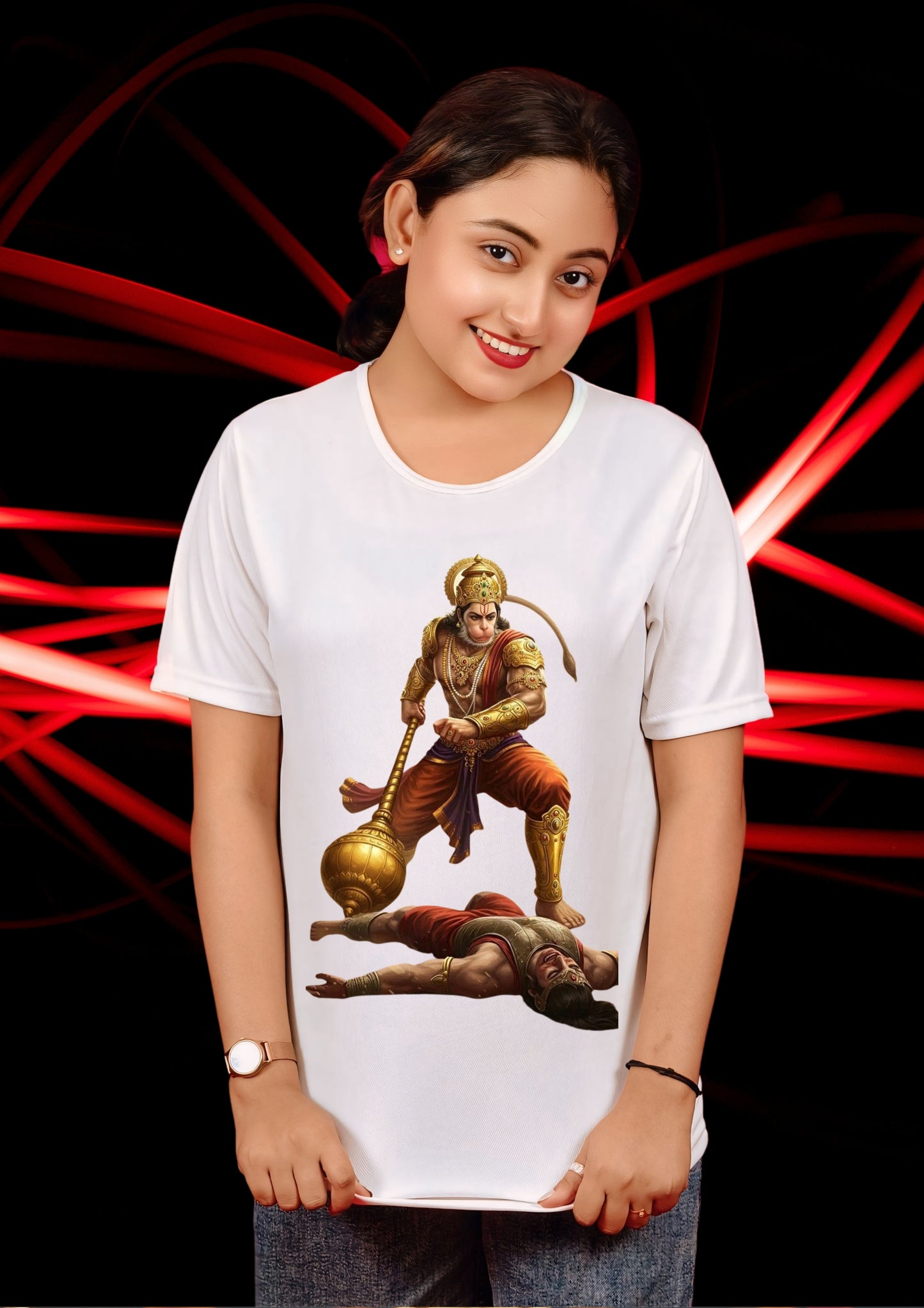 Hanuman Defeats Evil Warrior Tee – White (Polyester)