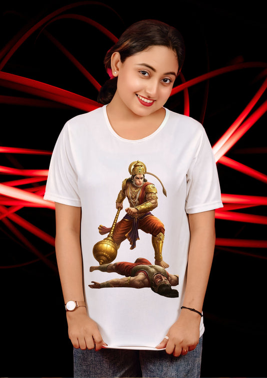 Hanuman Defeats Evil Warrior Tee – White (Polyester)