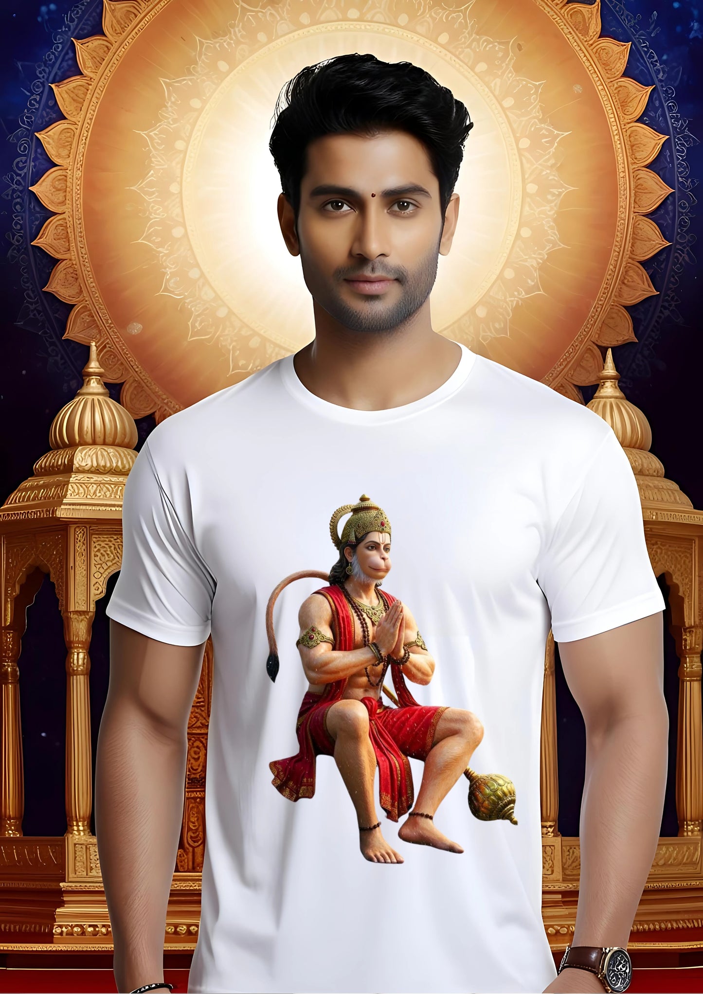 Seated Hanuman in Namaste Pose Tee – White (Polyester)