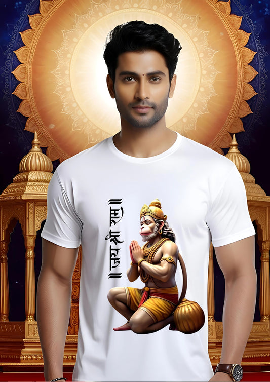 Folded Hands Hanuman with Jai Shri Ram Vertical Script Tee – White (Polyester)