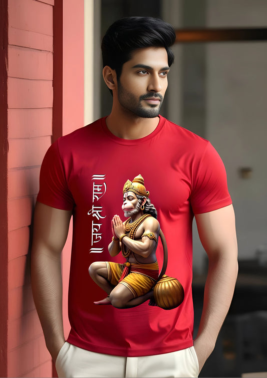 Folded Hands Hanuman with Jai Shri Ram Vertical Script Tee
