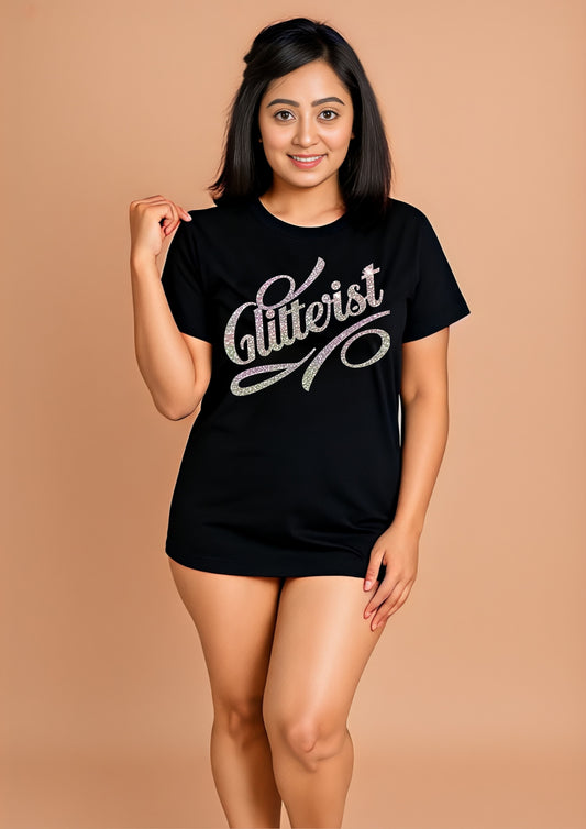 Glitterist Sparkle Text Black Cotton T-Shirt